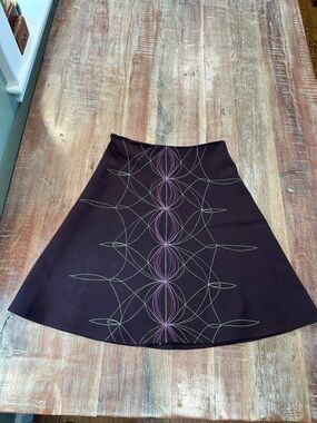 Vintage Chocolate Gabardine A-Line Skirt with Pink and Green Embroidery